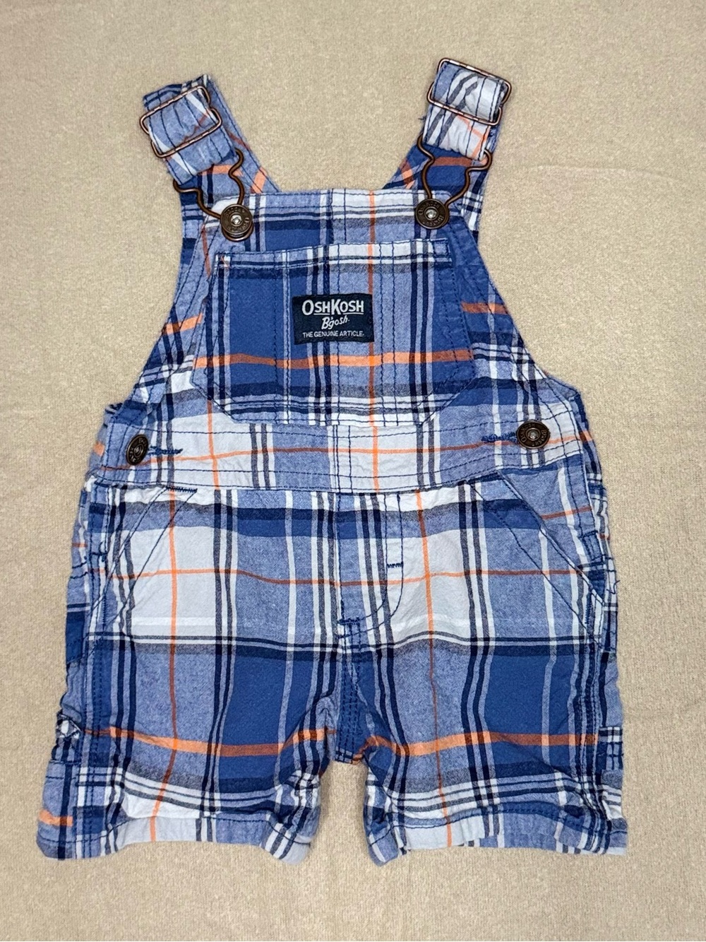 OshKosh B’gosh Baby Overalls 6 Months Blue Orange Plaid Cotton Bib Shorts